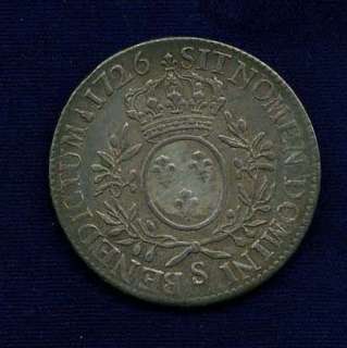FRANCE LOUIS XV 1726 S 1 ECU SILVER COIN, REIMS MINT, VF/XF, NICE 