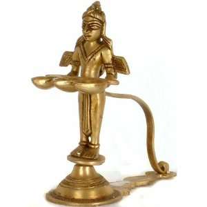  Hand Held Yaksha with Three Lamps   Brass