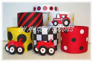 12Y+ RESIN BIG RED SEXY TRACTOR BOY GROSGRAIN RIBBON MIX 4 HAIRBOW 