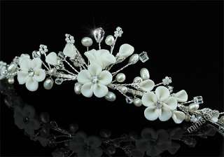 Bridal Handmade Ivory Pearl Clay Ceramic Flower Crystal Tiara T1428 