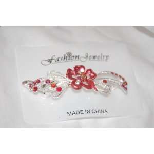    Red Silver Flower & Gems 2.5 Silver French Clip Barrette: Beauty