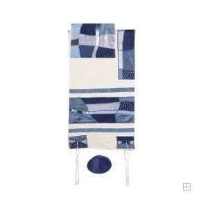 Raw Silk Appliquéd Tallit   Abstract Blue, by Yair Emanuel   Size 