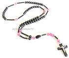 Black Hematite Pink Cats eye Beads Rosary Necklace 26  