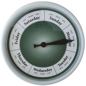 DAY OF THE WEEK CLOCK 281W White plastic 10 inch frame with green dial 