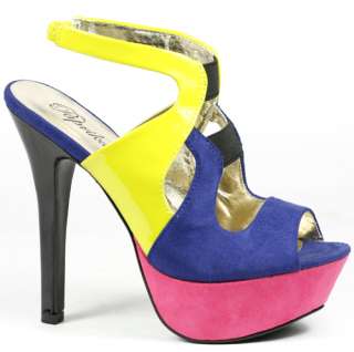 Blue Yellow Fuchsia Pink High Heel Slingback Platform Dress Sandal 9 