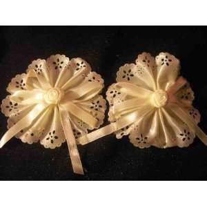  2 Satin Barrettes with Rose and Satin Ribbon 3 Round 