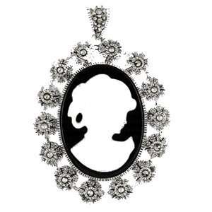 Sterling Silver Marcasite Onyx Mother of Pearl Lady Cameo Oval Pendant 