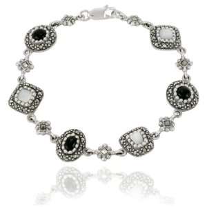   Sterling Silver Marcasite, Onyx and Mother of Pearl Bracelet: Jewelry