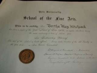 YALE UNIVERSITY School of Fine Arts Diploma c1915  