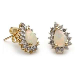  14k Yellow Gold Opal and Diamond Flower Earrings: Jewelry