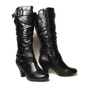   MEDIUM THICK HEEL CROSS STRAP RING BUCKLE WRINKLED BOOTS BLACK  