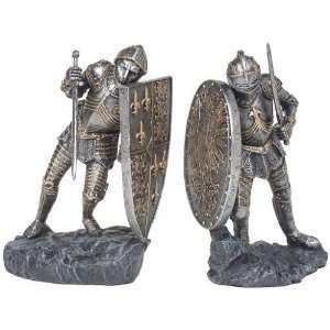 Medieval Knights in Armor Bookends   Each Wielding a Sword and Shield 