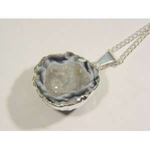 Silver Electroformed Occo Agate Half Geode Druzy Pendant with Free 18 