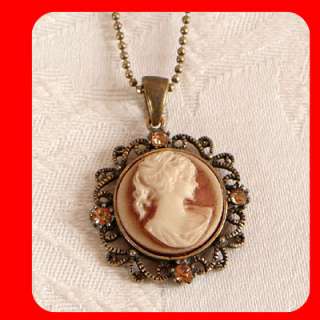 Round Brown Vintage ST Crystal CAMEO pendant necklace  