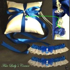 Royal blue wedding bridal pillow + garter prom crystals  