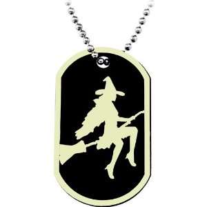  Glow in the Dark Flying Witch Dog Tag Necklace Jewelry