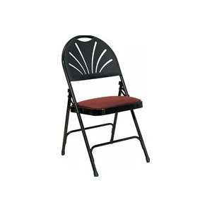 Fan Back Metal Folding Chair with Burgundy Fabric Seat and Black Frame 