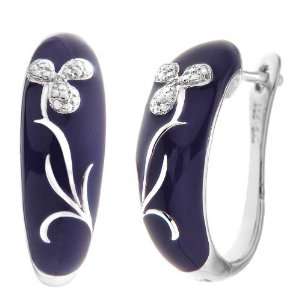   Silver Cubic Zirconia Purple Enamel 3 Petal Flower Earrings Jewelry