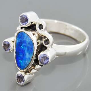Natural Australian Blue Opal Gemstone 925 Sterling Silver Ring Size 9 