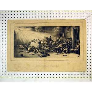 French Antique Print Men Table Meeting Fighting Battle  