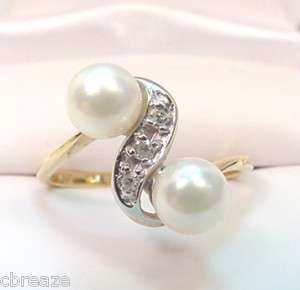 CULTURED PEARLS & DIAMONDS VINTAGE 10K GOLD RING  