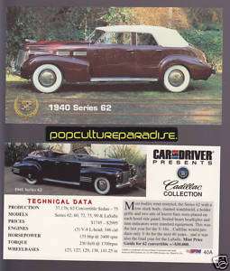 1940 CADILLAC SERIES 62 Car And Driver PHOTO SPEC CARD  