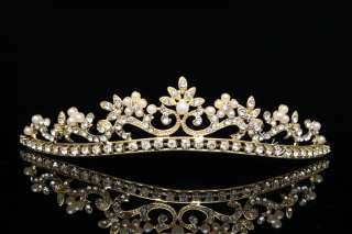 Gold Bridal Prom Wedding Pearl Crystal Tiara Crown V760  