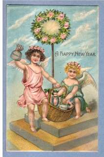 0710 NEW YEAR TWO ANGELS WITH MONEY BAGS & PINK ROSES  