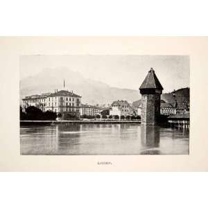  1897 Print Lucerne Switzerland Bridge Octagonal Water 