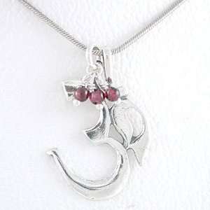 Large Om or Aum Pendant with Garnet Gemstone Beads in Sterling Silver 