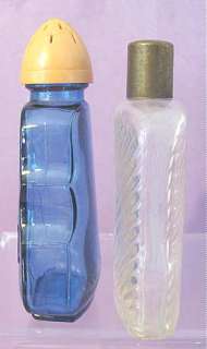 Vintage Blue Glass CELLO Figural Powder Shaker Jar & Ribbed Perfume 
