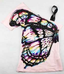 Womens/Girls Stones Butterfly One Shoulder Shirt/Top Pink/White S/M 