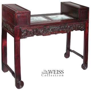 Carved Rosewood Desk with Two Famille Rose Porcelain Inserts, China 