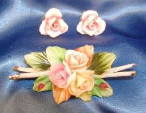 CapoDiMonte Rose Broach and Earrings Set   ITALY  