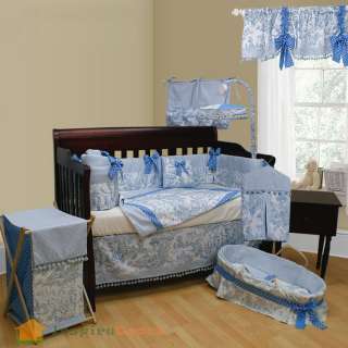 European Pom Pom Toile Blue 9pc Baby Crib Bedding Set  