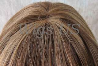 100% HUMAN HAIR WIG Layers Center Skin Part Bangs Brown Auburn Mix US 
