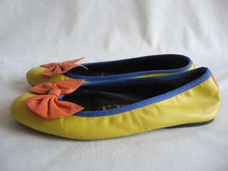 VTG 80s BALLET FLATS w/ BOWS Yellow & Orange Leather~SZ 8 Pinwheels 