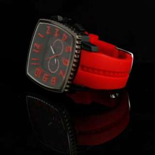 New Mens Sport Square Big Dial Red Rubber Silicon Band Wrist Watch 