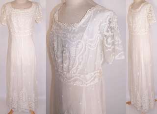 Edwardian White Net Tambour Embroidery Lace Empire Waist Wedding Gown 