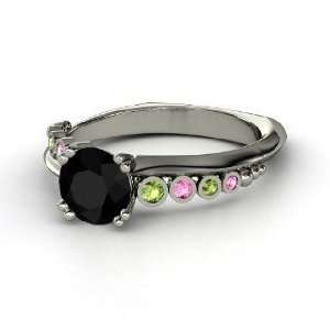  Ring, Round Black Onyx Sterling Silver Ring with Green Tourmaline 