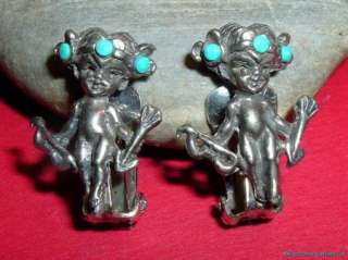 VINTAGE SILVER TURQUOISE CUPID CLIP ON EARRINGS  