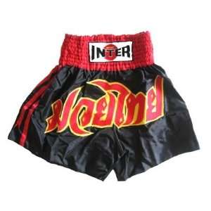  Muay Thai Shorts   Black with Red and Yellow: Sports 