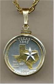 Gold on Silver Texas State Quarter Plain Bezel Necklace  