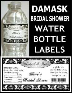 30 BLACK DAMASK BRIDAL SHOWER WATER BOTTLE LABELS Waterproof ink 