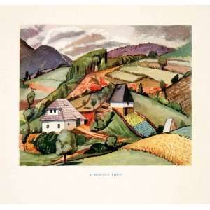 1925 Color Print Bosnian Farm Landscape Agriculture Cottage Field Cora 