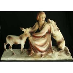   French Chalkware Sculpture Lady Dog Deer Borzoi