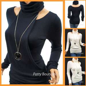 Long Sleeves Ruched Turtleneck Tunic Blouse Top  