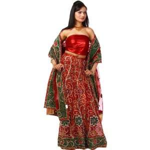 Bridal Red Lehenga Choli with Hand Embroidered Flowers and 