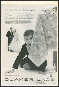 1957 vintage ad for Quaker Lace Tablecloths  