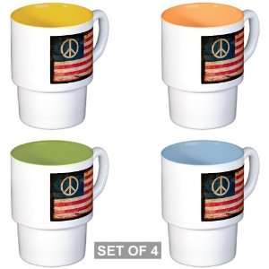   Stackable Coffee Mugs (4) Worn US Flag Peace Symbol 